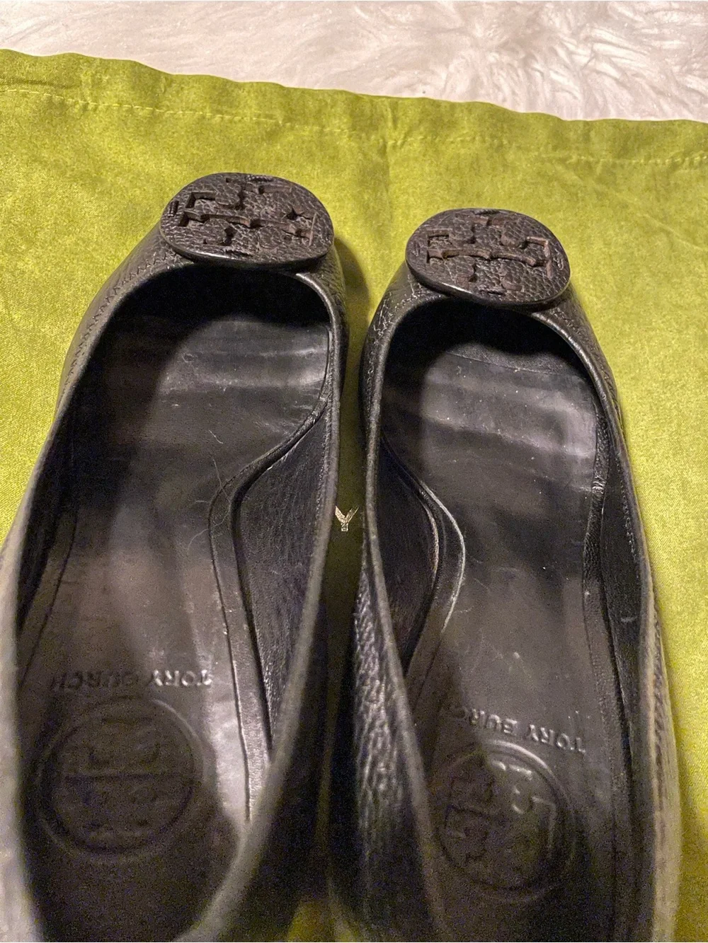 Tory Burch Black Pebbled Very soft Leather Logo Peep-Toe wedge pumps
